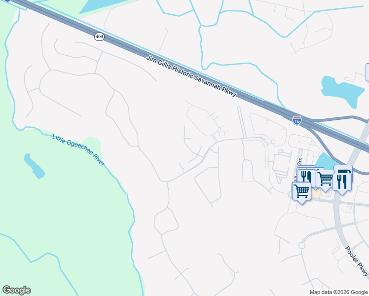 map of restaurants, bars, coffee shops, grocery stores, and more near 107 Oakdene Road in Pooler