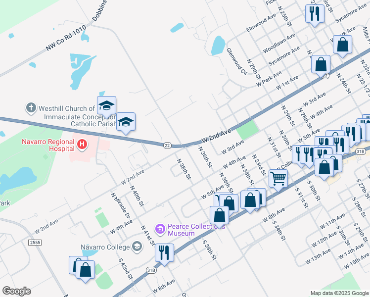 map of restaurants, bars, coffee shops, grocery stores, and more near 2809 West 2nd Avenue in Corsicana