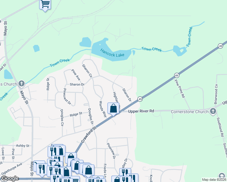 map of restaurants, bars, coffee shops, grocery stores, and more near 126 Highland Drive in Americus
