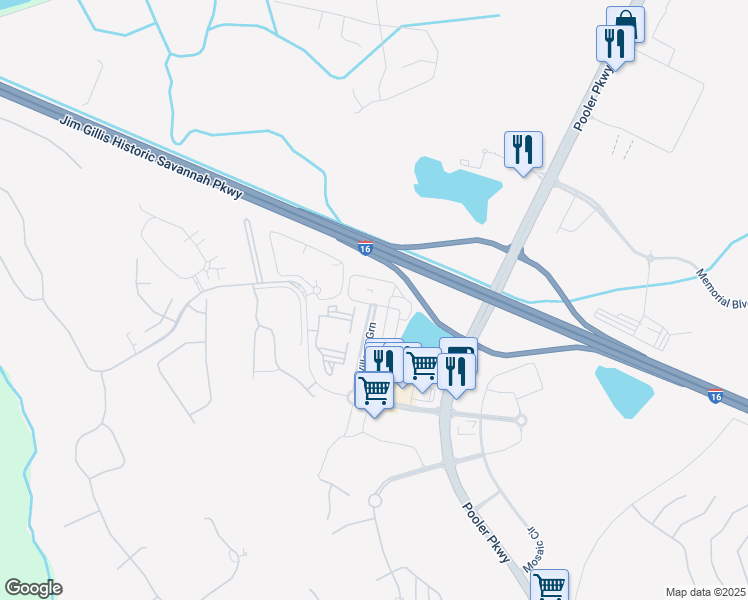 map of restaurants, bars, coffee shops, grocery stores, and more near 100 Harley Lane in Pooler