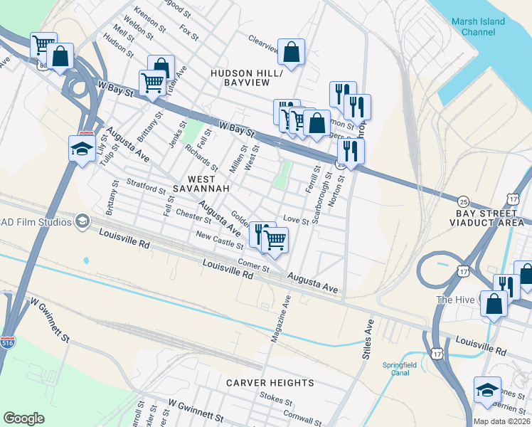 map of restaurants, bars, coffee shops, grocery stores, and more near 1306 Golden Street in Savannah