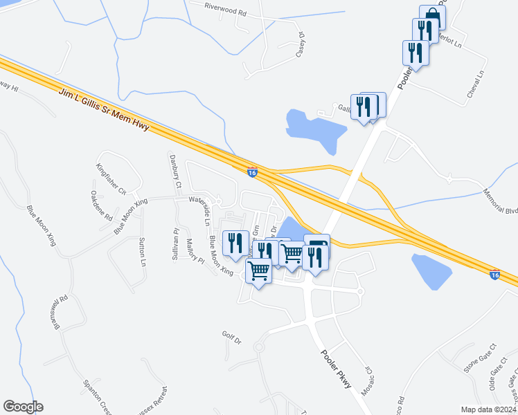 map of restaurants, bars, coffee shops, grocery stores, and more near 322 Village Green in Pooler