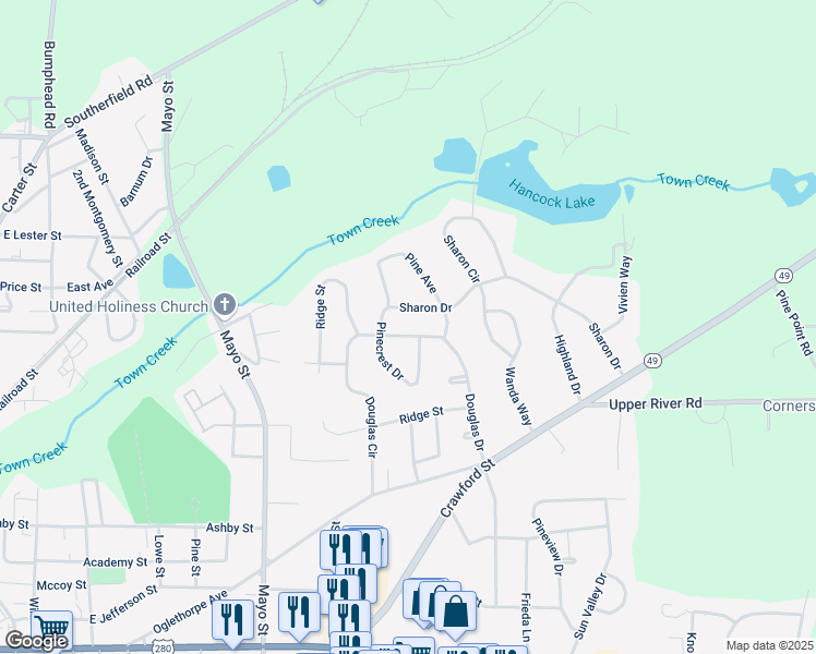 map of restaurants, bars, coffee shops, grocery stores, and more near 110 Pinecrest Drive in Americus