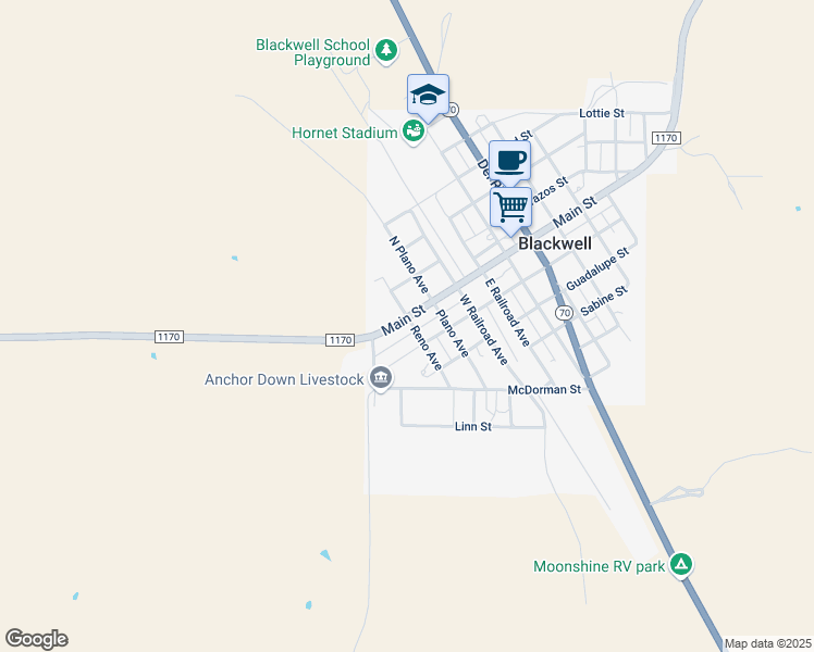 map of restaurants, bars, coffee shops, grocery stores, and more near 601 Main Street in Blackwell