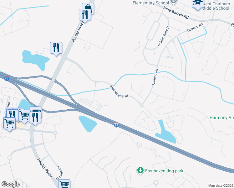 map of restaurants, bars, coffee shops, grocery stores, and more near Memorial Boulevard in Pooler
