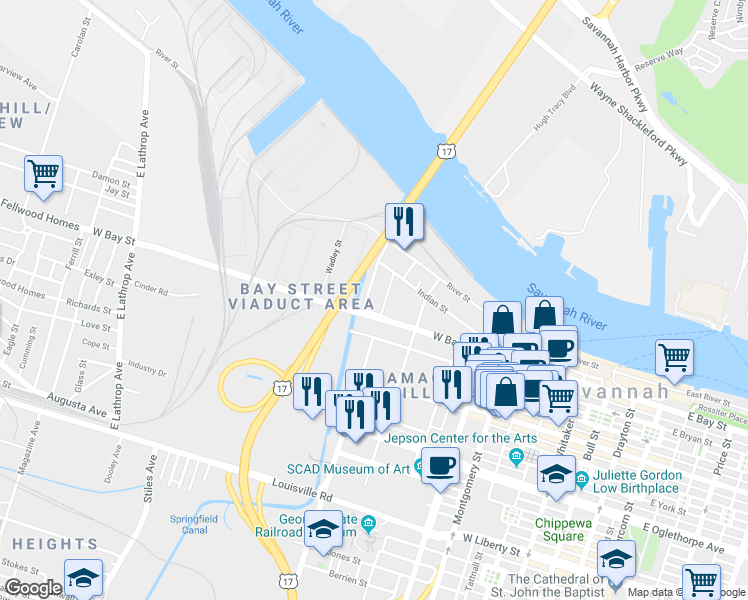 map of restaurants, bars, coffee shops, grocery stores, and more near 651 West Bryan Street in Savannah