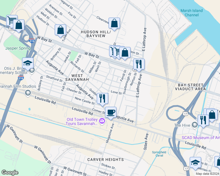 map of restaurants, bars, coffee shops, grocery stores, and more near 1207 Love Street in Savannah