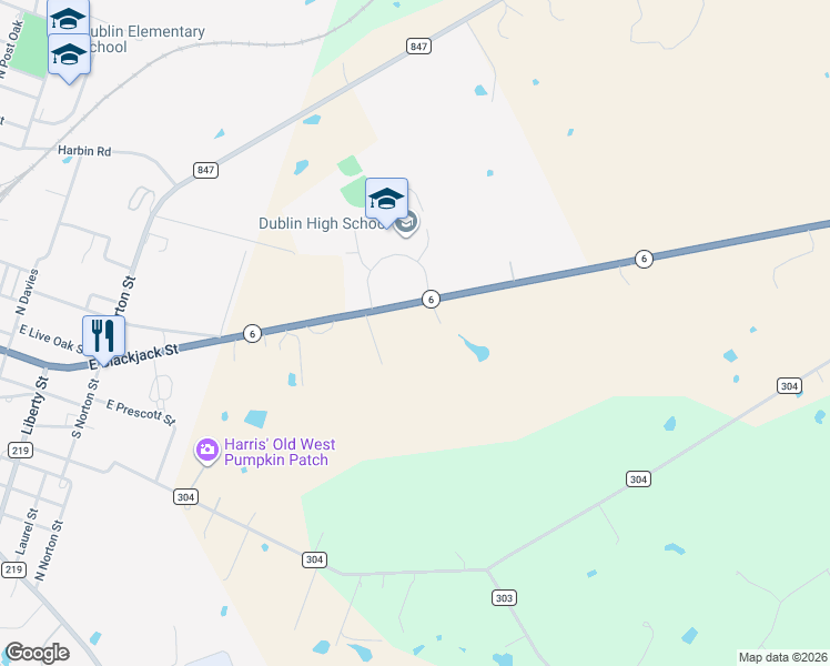 map of restaurants, bars, coffee shops, grocery stores, and more near 2034 Highway 6 in Dublin