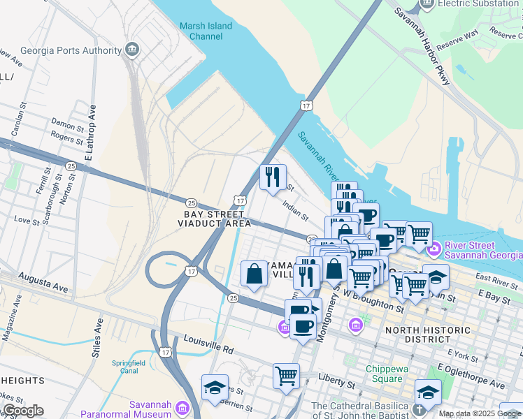 map of restaurants, bars, coffee shops, grocery stores, and more near 151 West Bay Street in Savannah