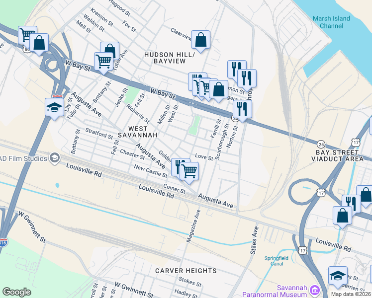 map of restaurants, bars, coffee shops, grocery stores, and more near 1306 Golden Street in Savannah