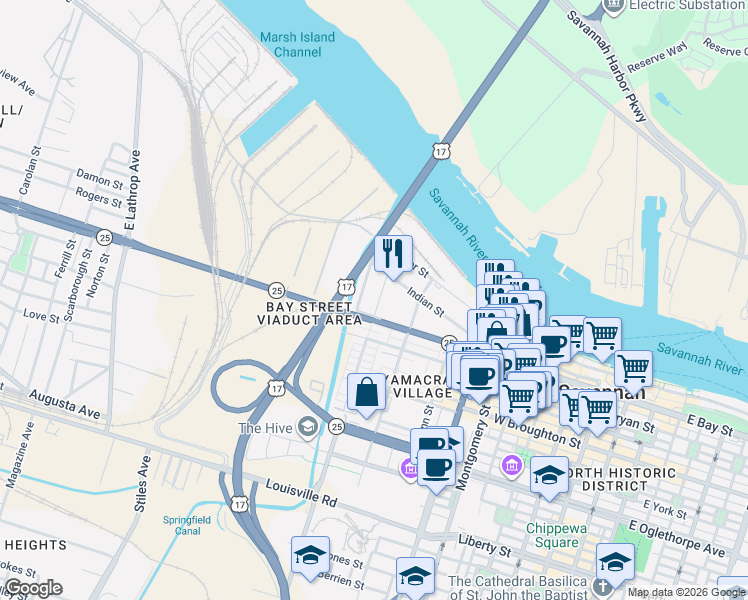 map of restaurants, bars, coffee shops, grocery stores, and more near 646 West Bay Street in Savannah