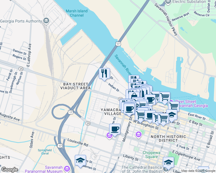 map of restaurants, bars, coffee shops, grocery stores, and more near 103 North Fahm Street in Savannah