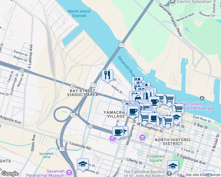 map of restaurants, bars, coffee shops, grocery stores, and more near 103 North Fahm Street in Savannah