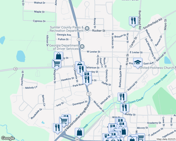 map of restaurants, bars, coffee shops, grocery stores, and more near 418 Patterson Street in Americus
