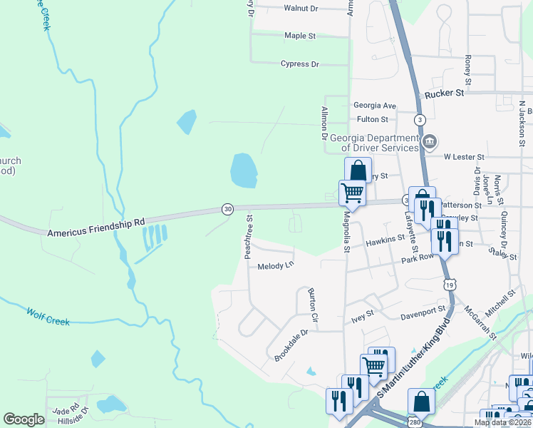 map of restaurants, bars, coffee shops, grocery stores, and more near 907 Adderton Street in Americus