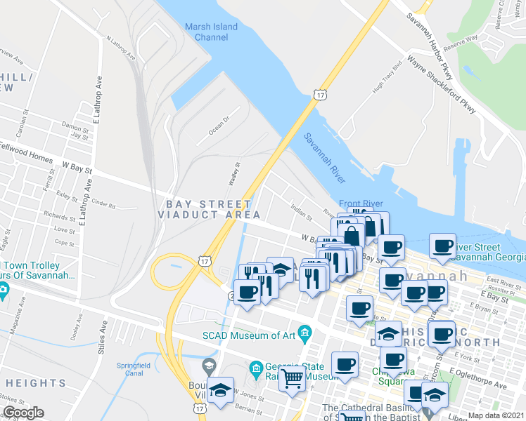 map of restaurants, bars, coffee shops, grocery stores, and more near 645 Indian Street in Savannah