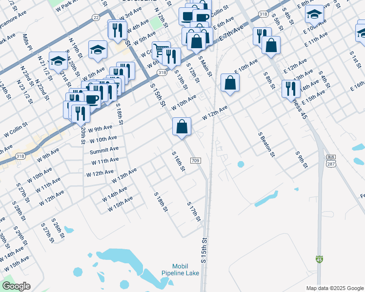 map of restaurants, bars, coffee shops, grocery stores, and more near 725 South 15th Street in Corsicana