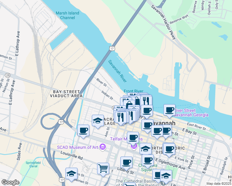 map of restaurants, bars, coffee shops, grocery stores, and more near 912 River Street in Savannah