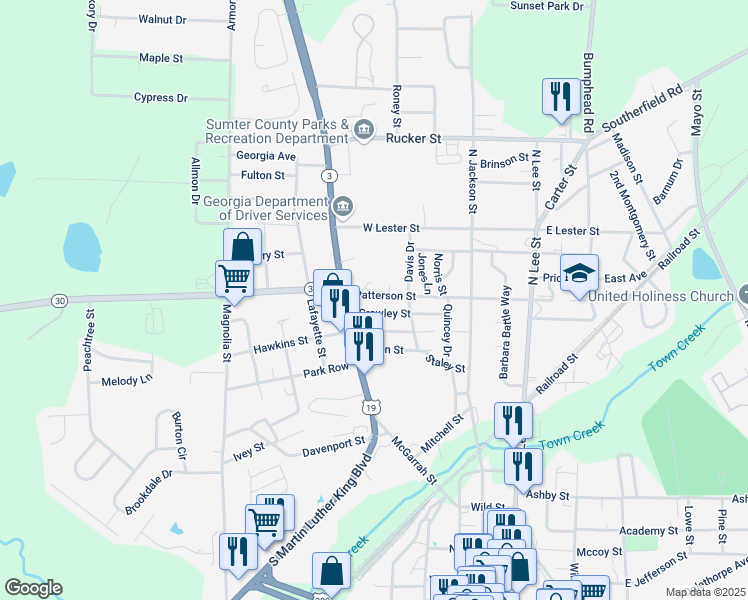 map of restaurants, bars, coffee shops, grocery stores, and more near 418 Patterson Street in Americus