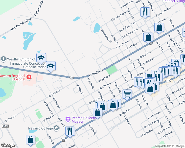 map of restaurants, bars, coffee shops, grocery stores, and more near 3701 E State Highway 22 in Corsicana