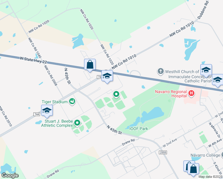 map of restaurants, bars, coffee shops, grocery stores, and more near 3701 E State Highway 22 in Corsicana