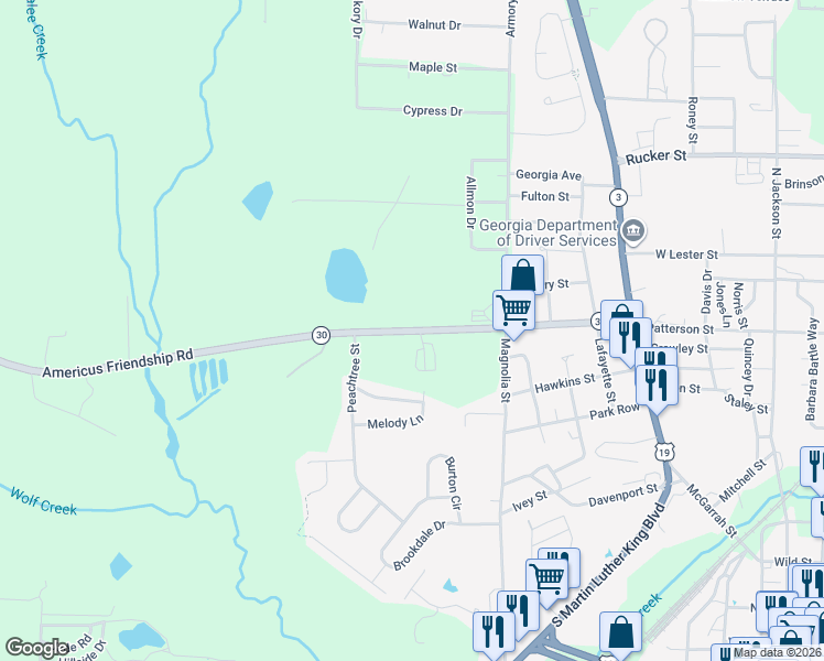 map of restaurants, bars, coffee shops, grocery stores, and more near 907 Adderton Street in Americus
