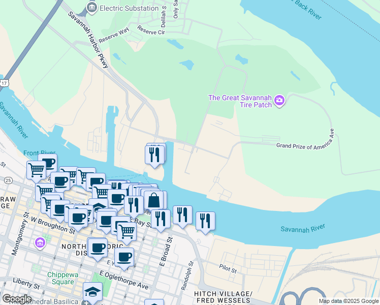map of restaurants, bars, coffee shops, grocery stores, and more near 2 Resort Drive in Savannah