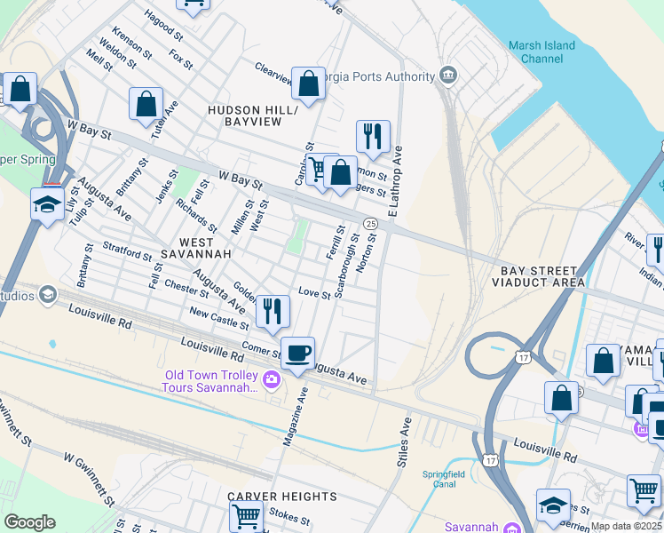 map of restaurants, bars, coffee shops, grocery stores, and more near 115 Scarborough Street in Savannah