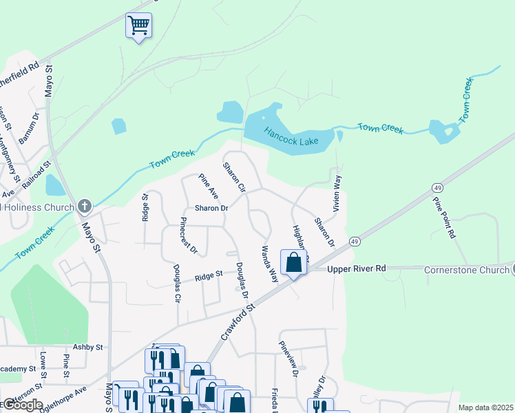 map of restaurants, bars, coffee shops, grocery stores, and more near 204 Wanda Way in Americus