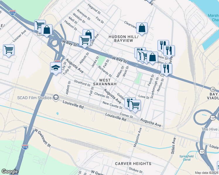 map of restaurants, bars, coffee shops, grocery stores, and more near 227 Millen Street in Savannah