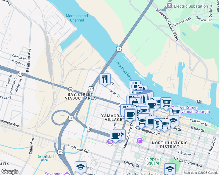 map of restaurants, bars, coffee shops, grocery stores, and more near 103 North Fahm Street in Savannah