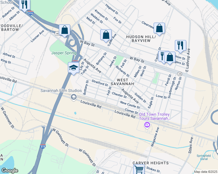 map of restaurants, bars, coffee shops, grocery stores, and more near 1603 Stratford Street in Savannah