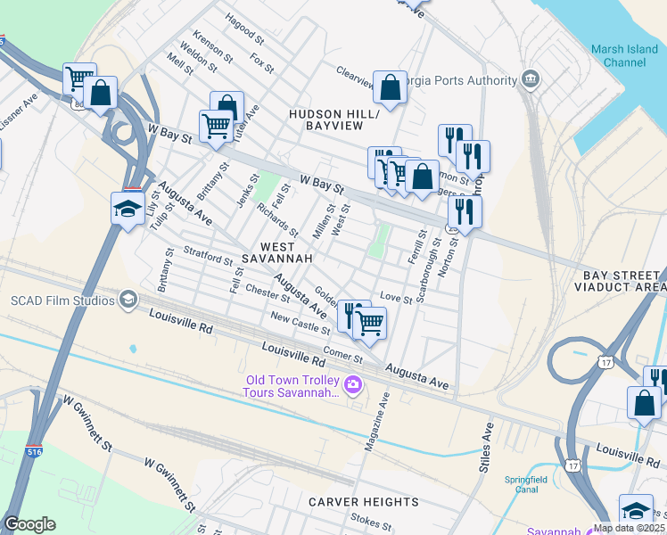 map of restaurants, bars, coffee shops, grocery stores, and more near 204 West Street in Savannah