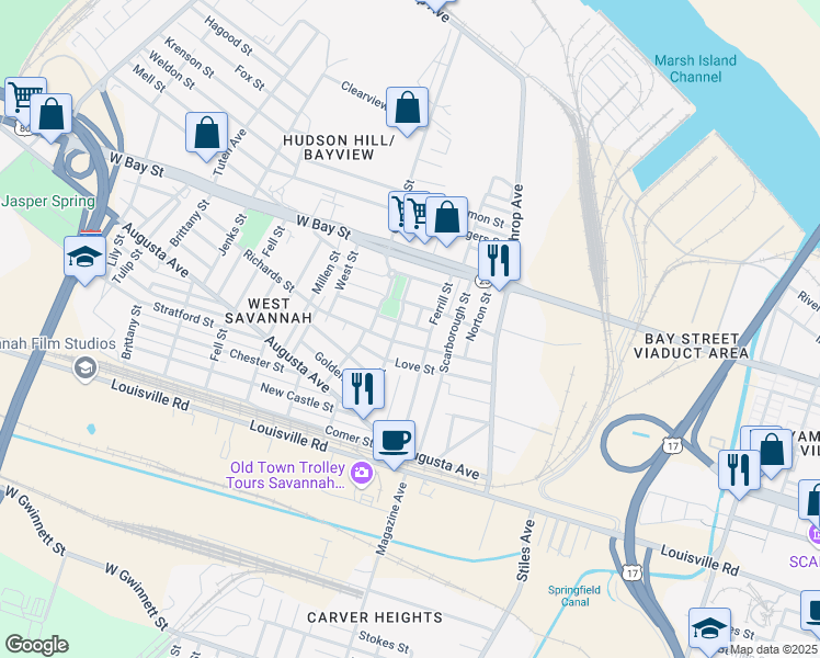 map of restaurants, bars, coffee shops, grocery stores, and more near 1351 Kenneth Dunham Street in Savannah