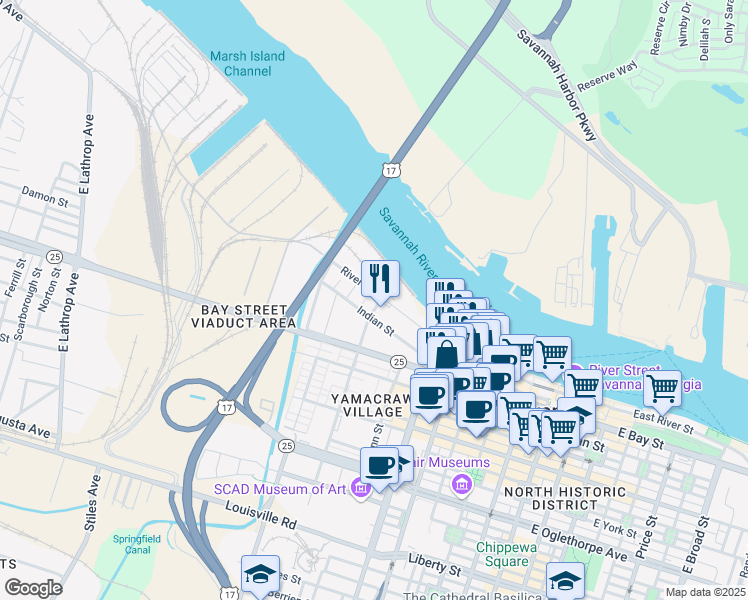 map of restaurants, bars, coffee shops, grocery stores, and more near 103 North Fahm Street in Savannah