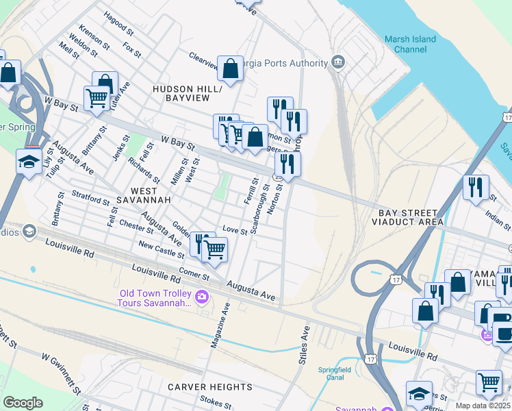 map of restaurants, bars, coffee shops, grocery stores, and more near 115 Scarborough Street in Savannah