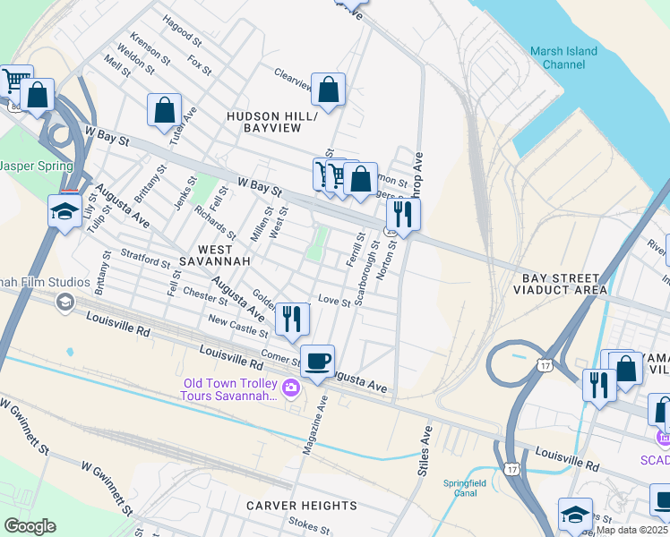 map of restaurants, bars, coffee shops, grocery stores, and more near Kenneth Dunham Street in Savannah