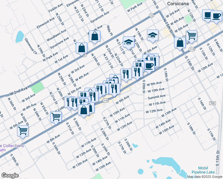map of restaurants, bars, coffee shops, grocery stores, and more near 1501 West 6th Avenue in Corsicana