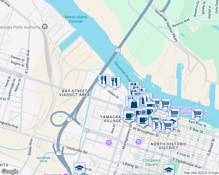map of restaurants, bars, coffee shops, grocery stores, and more near 103 North Fahm Street in Savannah