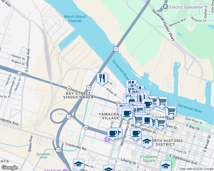 map of restaurants, bars, coffee shops, grocery stores, and more near 630 Indian Street in Savannah