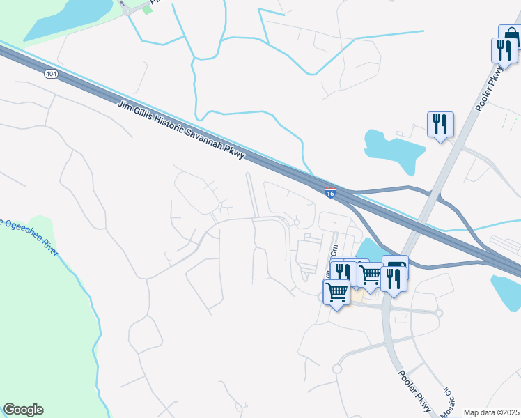 map of restaurants, bars, coffee shops, grocery stores, and more near 104 Danbury Court in Pooler