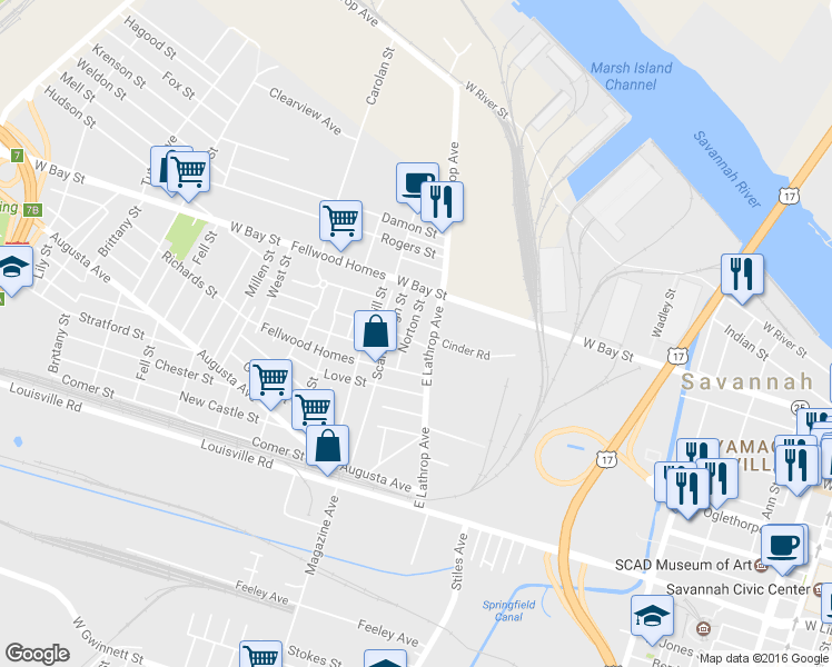 map of restaurants, bars, coffee shops, grocery stores, and more near 34 Norton Street in Savannah