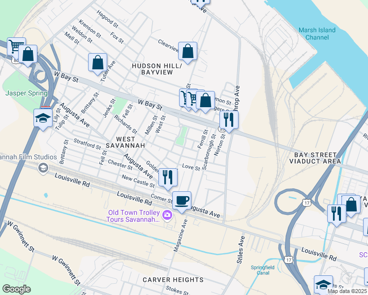 map of restaurants, bars, coffee shops, grocery stores, and more near Kenneth Dunham Street in Savannah