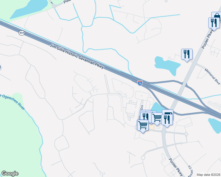 map of restaurants, bars, coffee shops, grocery stores, and more near 104 Danbury Court in Pooler