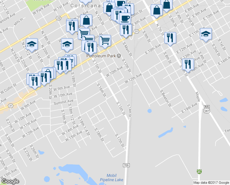 map of restaurants, bars, coffee shops, grocery stores, and more near 725 South 15th Street in Corsicana