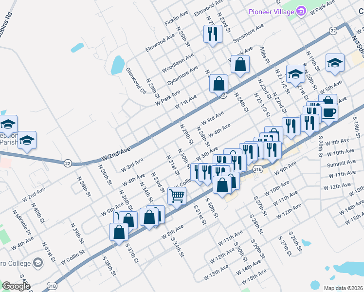 map of restaurants, bars, coffee shops, grocery stores, and more near 301 North 30th Street in Corsicana
