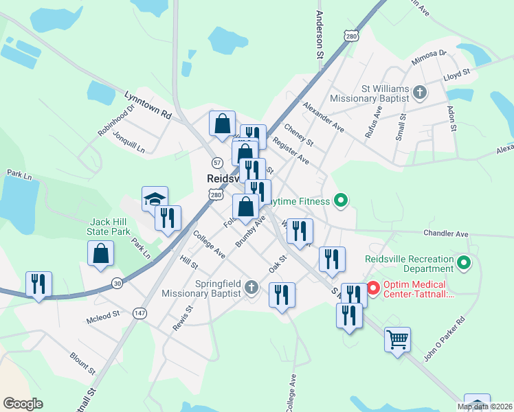 map of restaurants, bars, coffee shops, grocery stores, and more near 265 North Main Street in Reidsville