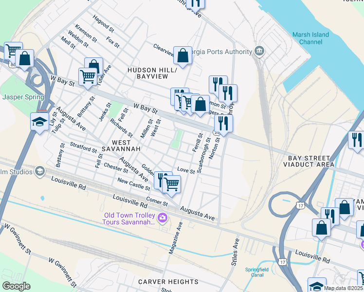 map of restaurants, bars, coffee shops, grocery stores, and more near 70 Eagle Street in Savannah