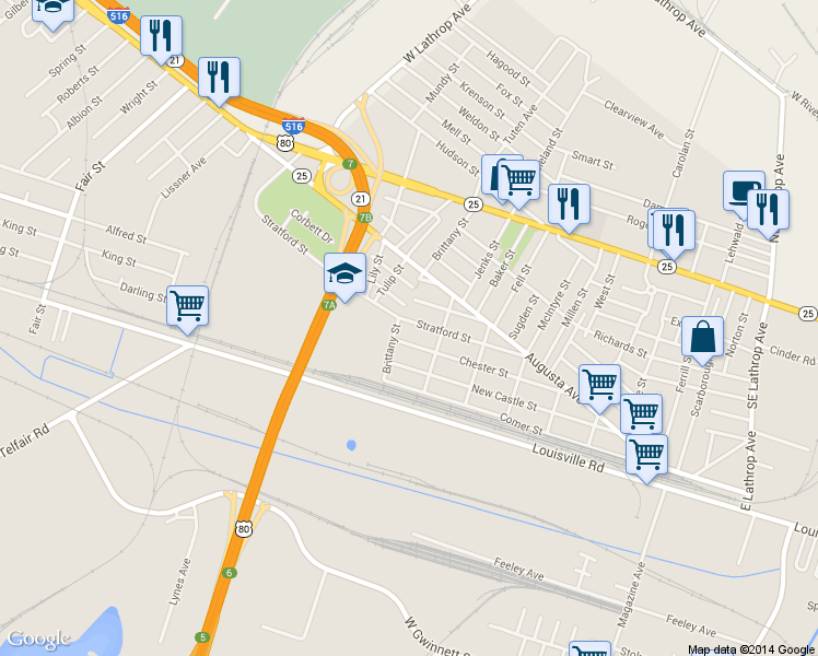 map of restaurants, bars, coffee shops, grocery stores, and more near 1723 Stratford Street in Savannah