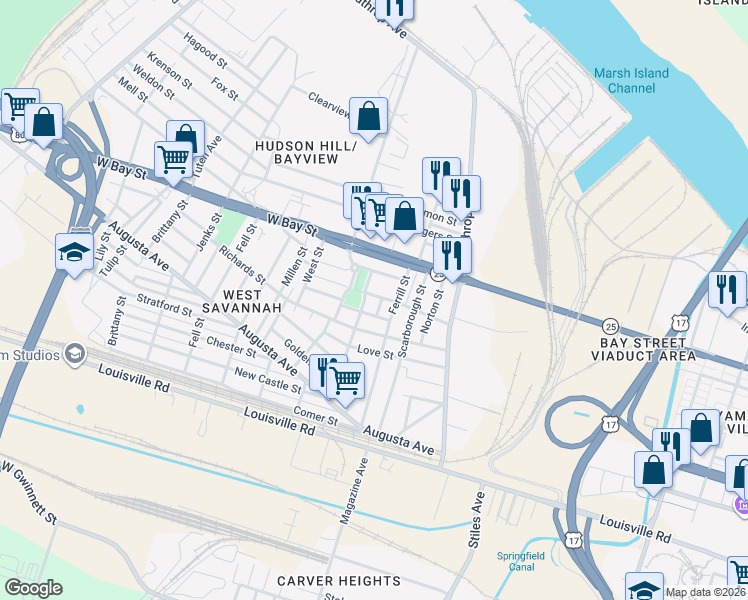 map of restaurants, bars, coffee shops, grocery stores, and more near 1325 Exley Street in Savannah